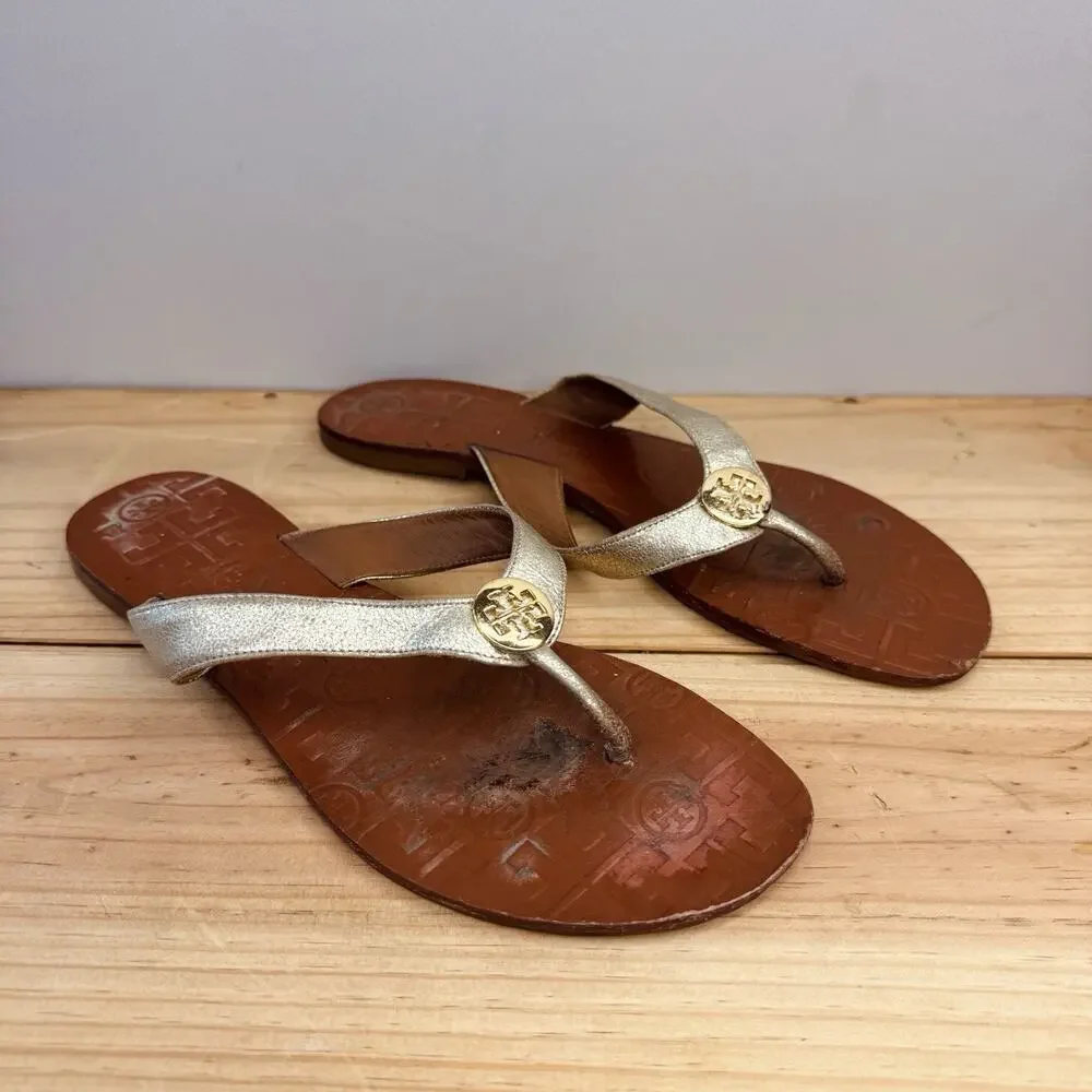 Tory Burch Manon Black Vachetta Leather Thong Sandals Flip Flops Size 8.5